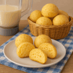 Pão de queijo de liquidificador dourado servido em uma cesta de vime e em um prato, mostrando a textura macia por dentro, com um liquidificador ao fundo.
