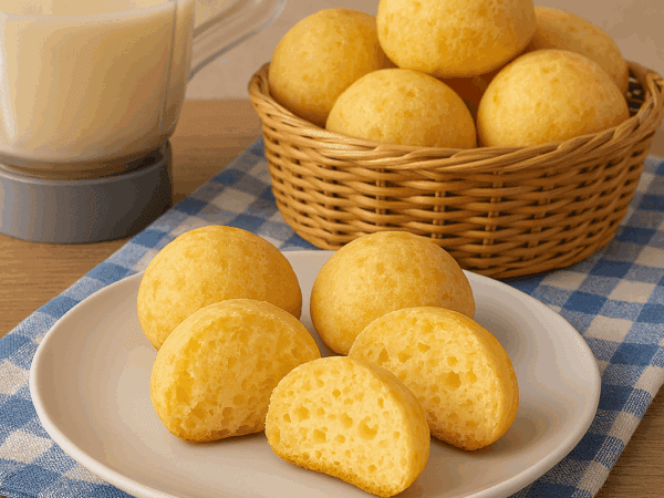 Pão de queijo de liquidificador dourado servido em uma cesta de vime e em um prato, mostrando a textura macia por dentro, com um liquidificador ao fundo.
