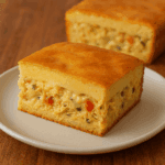 Fatia alta de torta de frango de liquidificador servida em um prato, mostrando a massa fofinha e dourada e o recheio cremoso de frango com legumes.