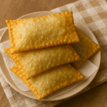 Pastéis de feira fritos, dourados e cheios de bolhas crocantes na massa, recheados com carne moída e queijo.