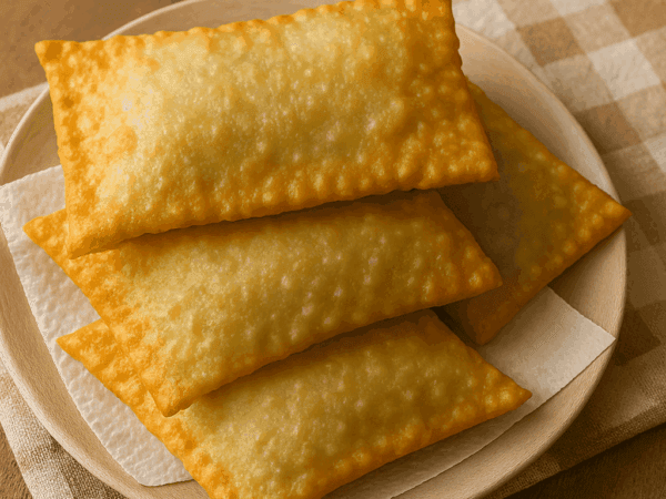 Pastéis de feira fritos, dourados e cheios de bolhas crocantes na massa, recheados com carne moída e queijo.