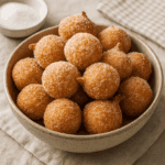 Tigela cheia de bolinhos de chuva redondinhos e sequinhos passados no açúcar e canela, servidos em uma tigela rústica com um potinho de açúcar ao fundo.