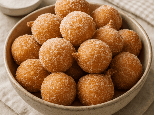 Tigela cheia de bolinhos de chuva redondinhos e sequinhos passados no açúcar e canela, servidos em uma tigela rústica com um potinho de açúcar ao fundo.