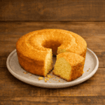 Bolo de fubá caseiro, dourado e fofinho, com uma fatia cortada sobre prato branco em mesa rústica de madeira.