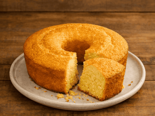 Bolo de fubá caseiro, dourado e fofinho, com uma fatia cortada sobre prato branco em mesa rústica de madeira.