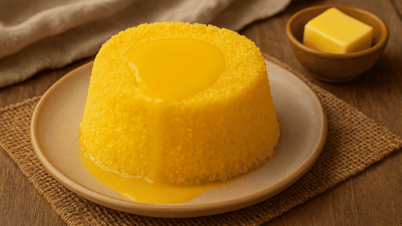 Cuscuz nordestino amarelo e fofinho, recém-desenformado em um prato, com um pedaço de manteiga derretendo no topo pelo calor.