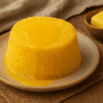 Cuscuz nordestino amarelo e fofinho, recém-desenformado em um prato, com um pedaço de manteiga derretendo no topo pelo calor.