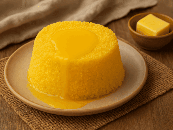 Cuscuz nordestino amarelo e fofinho, recém-desenformado em um prato, com um pedaço de manteiga derretendo no topo pelo calor.