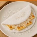 Tapioca dobrada em meia-lua, recheada com fatias de queijo coalho dourado e coco ralado fresco, servida em um prato branco.