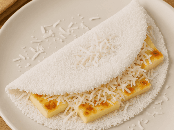 Tapioca dobrada em meia-lua, recheada com fatias de queijo coalho dourado e coco ralado fresco, servida em um prato branco.