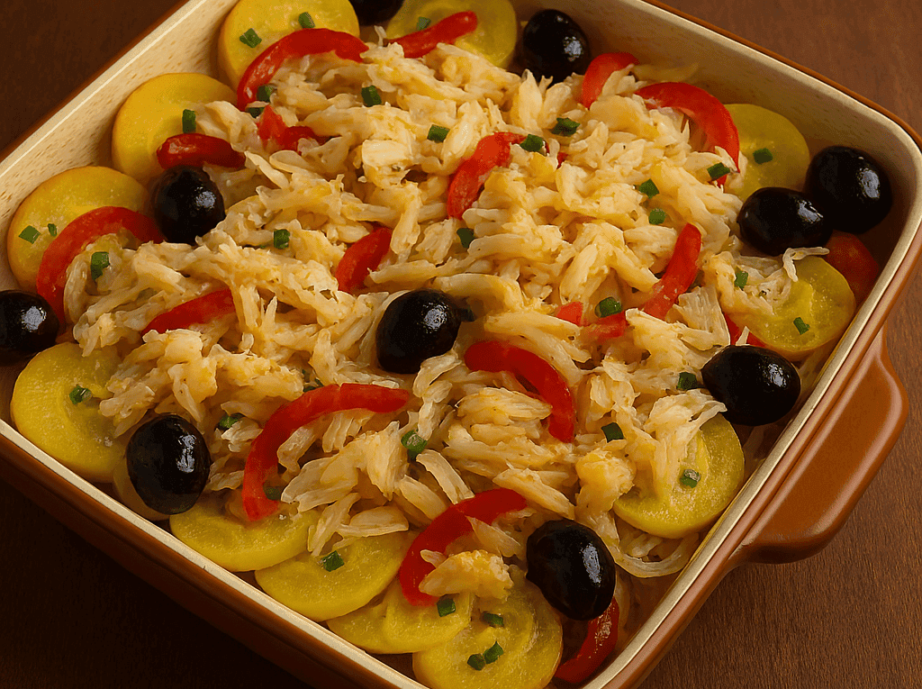 Travessa de vidro borbulhando azeite recém-saída do forno, cheia de lascas de bacalhau suculentas, batatas, pimentões, cebola, azeitonas pretas e ovos cozidos.