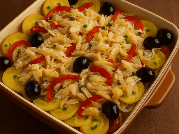 Travessa de vidro borbulhando azeite recém-saída do forno, cheia de lascas de bacalhau suculentas, batatas, pimentões, cebola, azeitonas pretas e ovos cozidos.