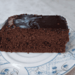 Fatia de bolo de chocolate sobre prato de porcelana branca com detalhes azuis, mostrando textura úmida e cobertura brilhante de chocolate sob luz natural.