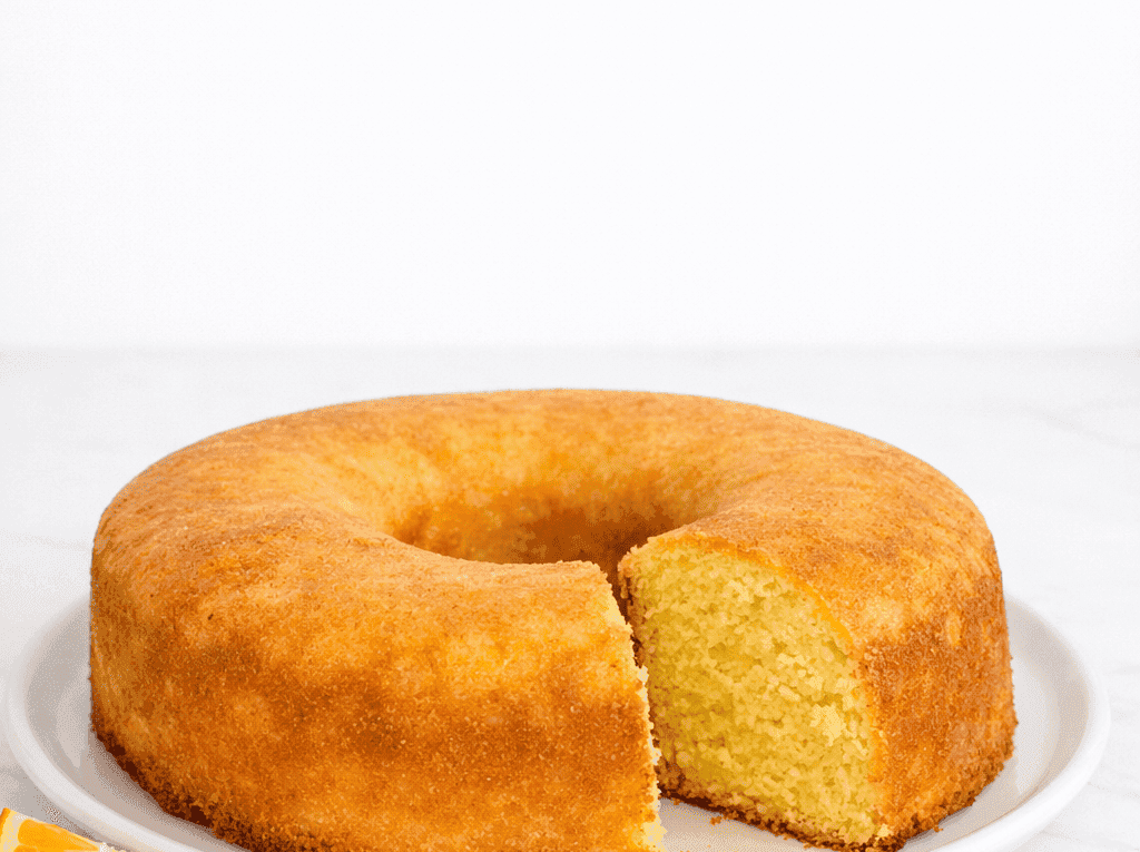 Fatia fofinha de bolo de laranja recém-cortada, assado em forma redonda com furo central, destacando a textura úmida da massa e a casquinha brilhante da calda açucarada.