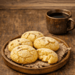 Assadeira contendo várias broas de fubá rústicas, com a superfície levemente dourada e pontilhada por grãos de erva-doce.