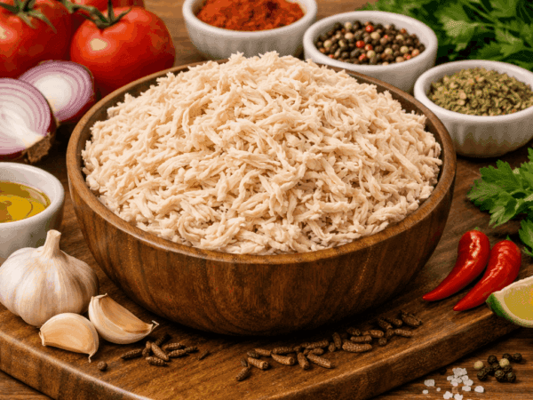 Tigela cheia de peito de frango suculento e perfeitamente desfiado, rodeada por temperos frescos, pronto para ser usado em recheios, tortas e marmitas da semana.