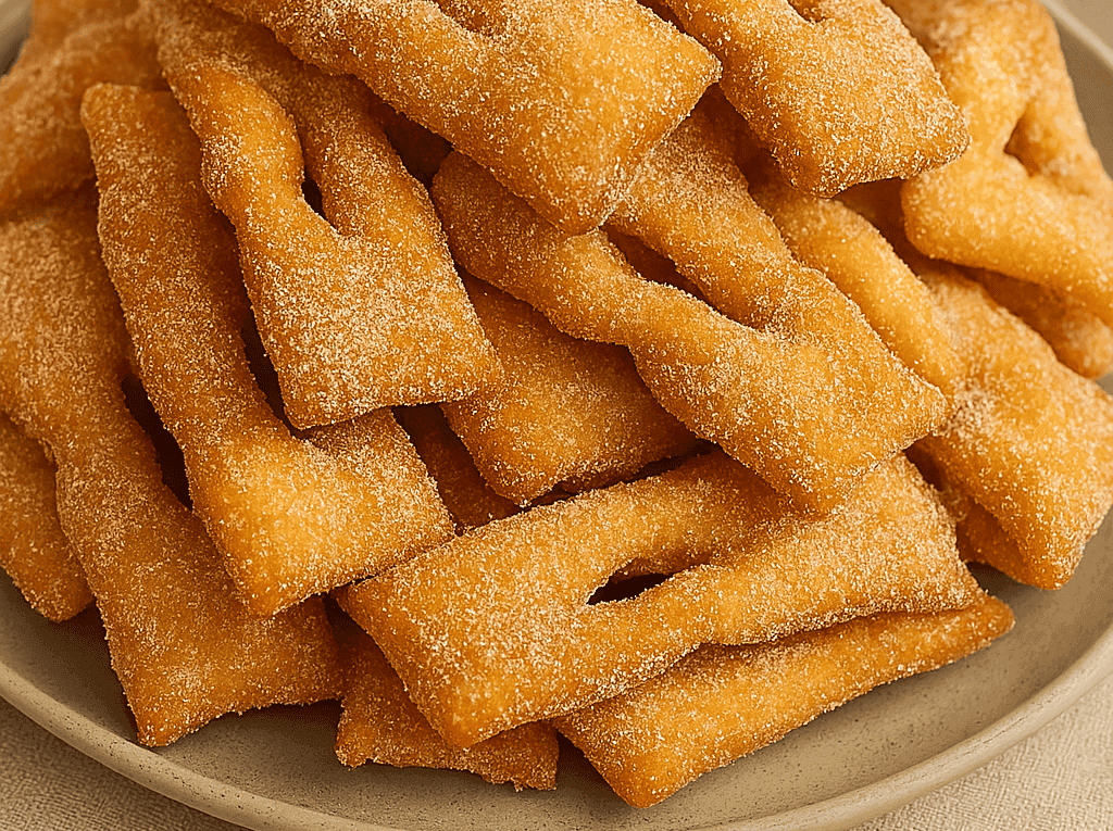 Cesta cheia de cuecas viradas (também conhecidas como orelhas de gato) recém-fritas, com seu formato torcido característico e generosamente polvilhadas com açúcar e canela.