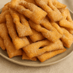Cesta cheia de cuecas viradas (também conhecidas como orelhas de gato) recém-fritas, com seu formato torcido característico e generosamente polvilhadas com açúcar e canela.