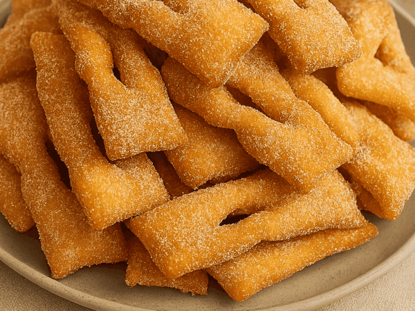 Cesta cheia de cuecas viradas (também conhecidas como orelhas de gato) recém-fritas, com seu formato torcido característico e generosamente polvilhadas com açúcar e canela.