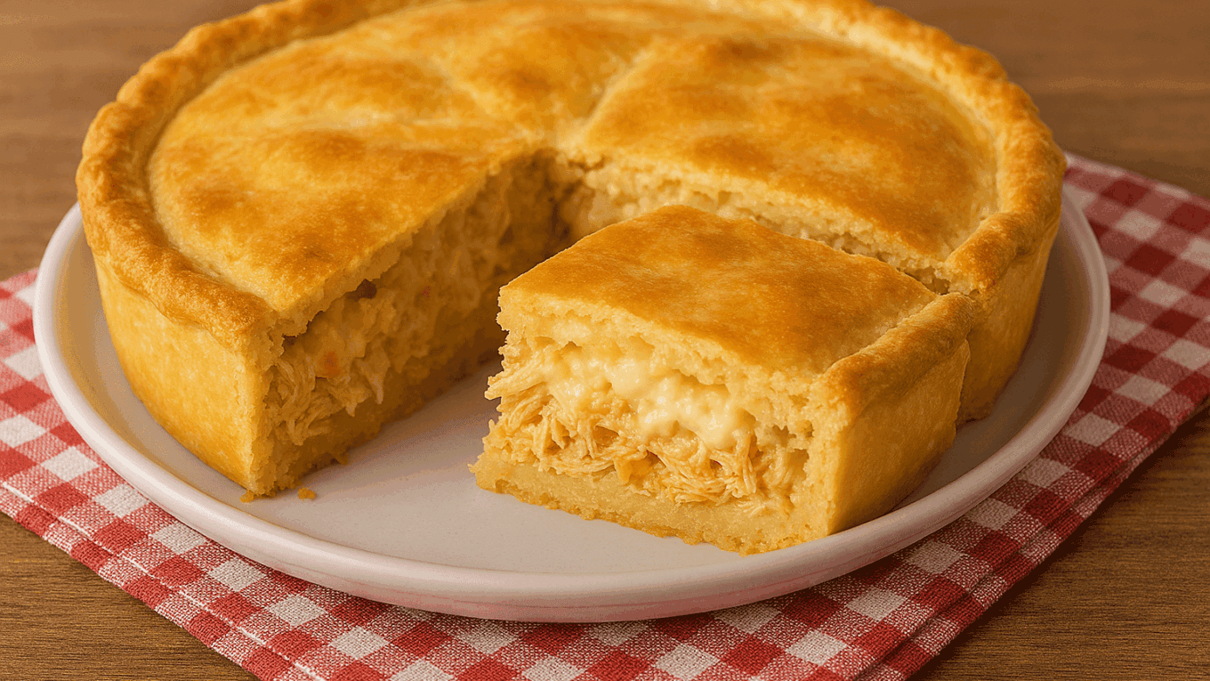 Fatia generosa de empadão de frango recém-cortada, mostrando a massa dourada e quebradiça com um recheio super cremoso de frango desfiado e requeijão, servido em um refratário.