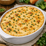 Travessa refratária recém-saída do forno, contendo um escondidinho com base colorida de legumes refogados, coberto por um purê de aipim rústico e gratinado com queijo parmesão dourado e borbulhante.
