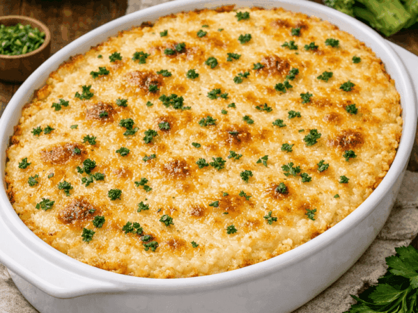 Travessa refratária recém-saída do forno, contendo um escondidinho com base colorida de legumes refogados, coberto por um purê de aipim rústico e gratinado com queijo parmesão dourado e borbulhante.