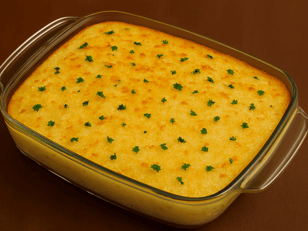 Travessa de vidro com escondidinho de bacalhau recém-saído do forno, com uma generosa cobertura de queijo derretido e gratinado bem dourado.