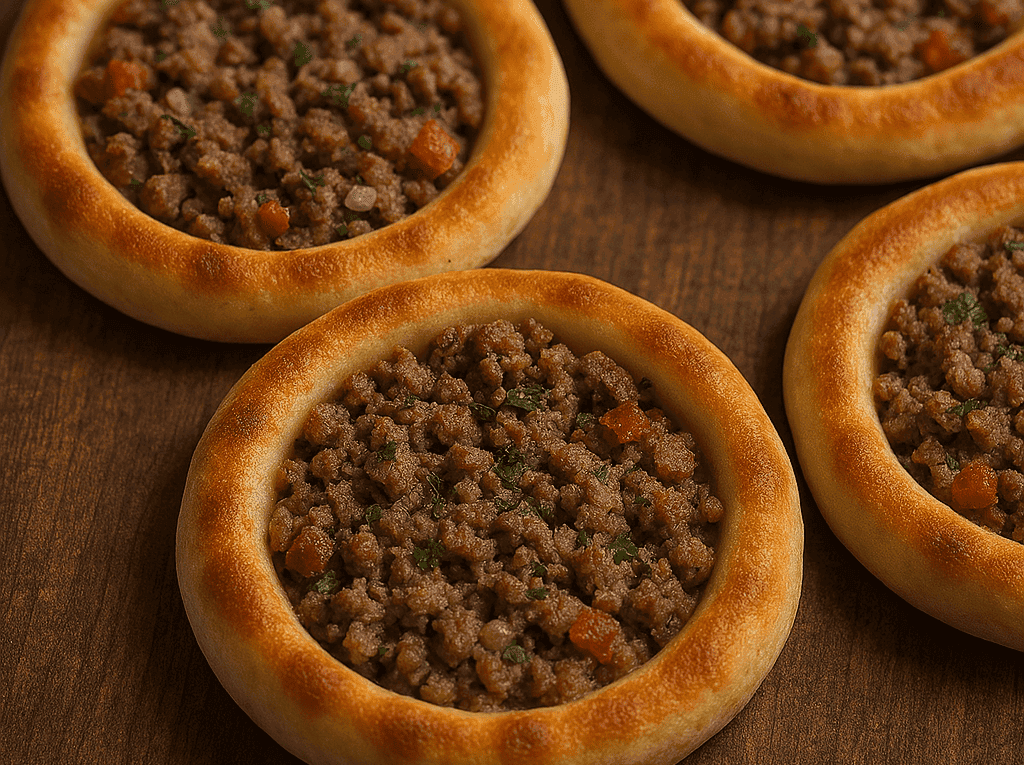 Esfihas abertas de carne recém-assadas com bordas douradas e fofinhas, recheio suculento de carne moída com tomate, servidas com limão.
