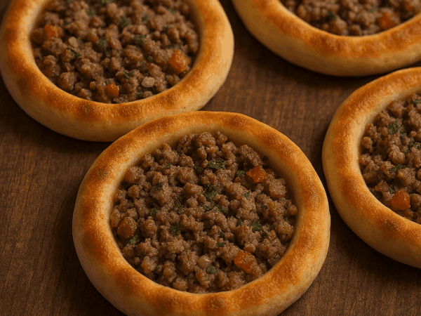 Esfihas abertas de carne recém-assadas com bordas douradas e fofinhas, recheio suculento de carne moída com tomate, servidas com limão.