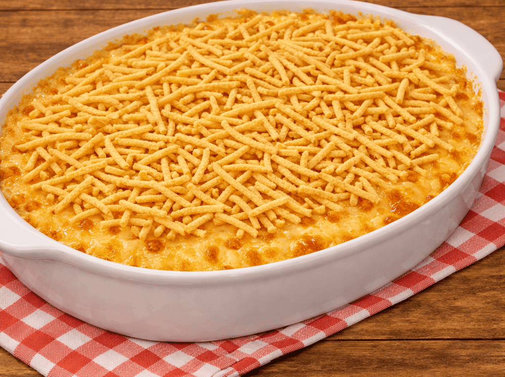 Travessa de vidro recém-saída do forno com fricassê de atum borbulhante, cobertura de queijo muçarela gratinado bem douradinho e bastante batata palha extrafina por cima.