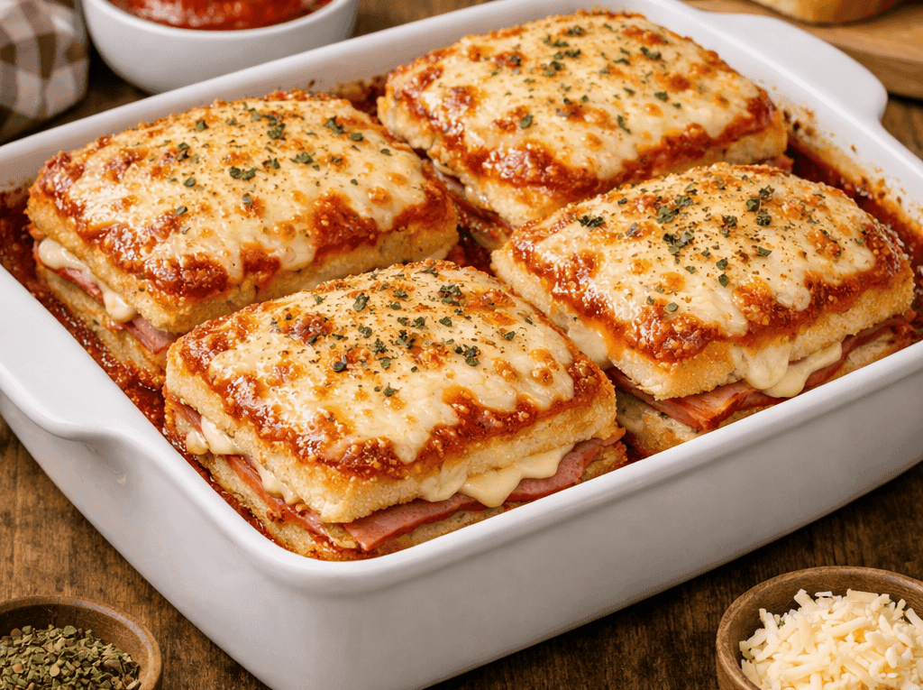 Assadeira contendo quatro sanduíches misto quente de forno com pão de forma, cobertos por uma camada borbulhante e dourada de queijo muçarela, molho de tomate e orégano.
