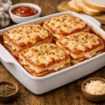 Assadeira contendo quatro sanduíches misto quente de forno com pão de forma, cobertos por uma camada borbulhante e dourada de queijo muçarela, molho de tomate e orégano.
