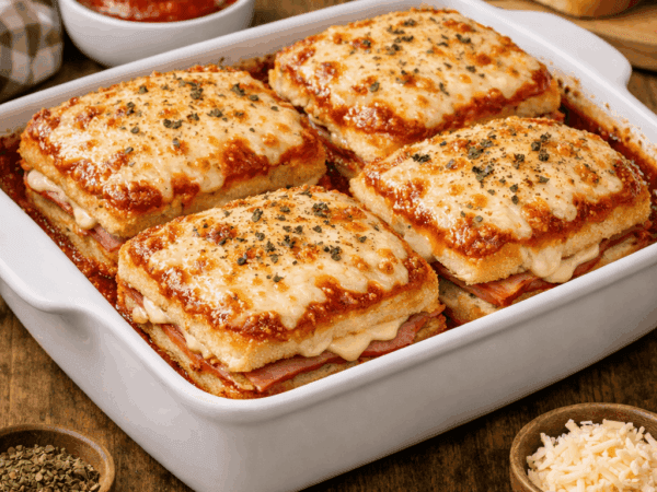 Assadeira contendo quatro sanduíches misto quente de forno com pão de forma, cobertos por uma camada borbulhante e dourada de queijo muçarela, molho de tomate e orégano.