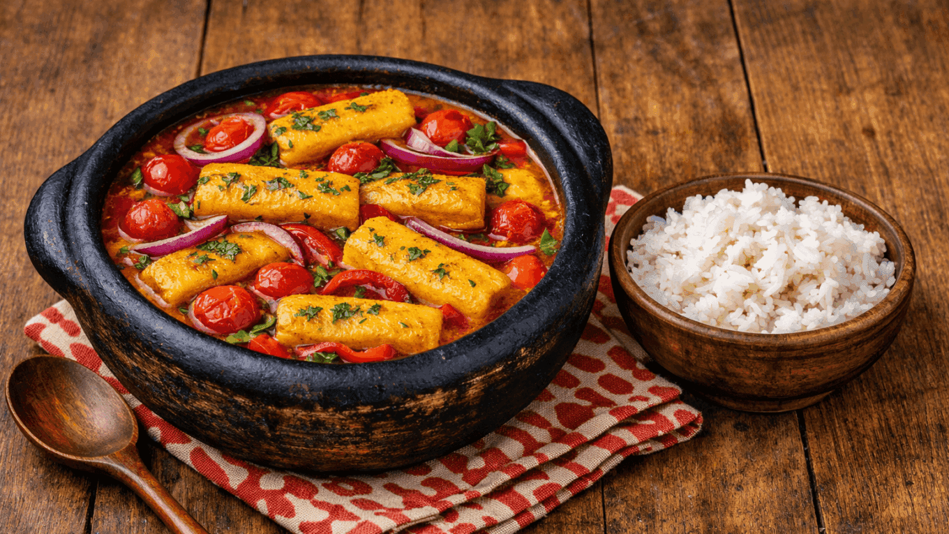 Panela de barro vista de cima, cheia de rodelas de banana-da-terra cozidas em um caldo amarelo de leite de coco e azeite de dendê, cobertas por pimentões, tomate e coentro fresco.