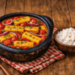 Panela de barro vista de cima, cheia de rodelas de banana-da-terra cozidas em um caldo amarelo de leite de coco e azeite de dendê, cobertas por pimentões, tomate e coentro fresco.