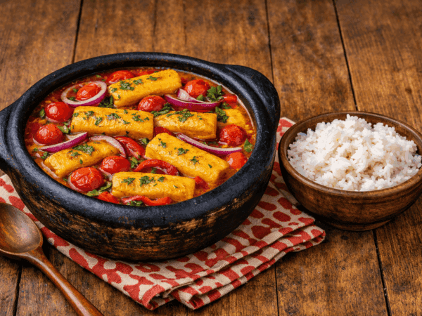 Panela de barro vista de cima, cheia de rodelas de banana-da-terra cozidas em um caldo amarelo de leite de coco e azeite de dendê, cobertas por pimentões, tomate e coentro fresco.