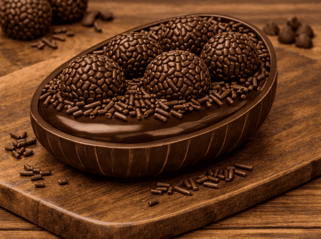 Metade de um ovo de Páscoa de chocolate perfeitamente moldado, recheado até o topo com brigadeiro gourmet cremoso, e decorado com brigadeiros enrolados, morangos frescos e granulado, pronto para presentear.