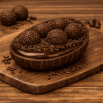 Metade de um ovo de Páscoa de chocolate perfeitamente moldado, recheado até o topo com brigadeiro gourmet cremoso, e decorado com brigadeiros enrolados, morangos frescos e granulado, pronto para presentear.
