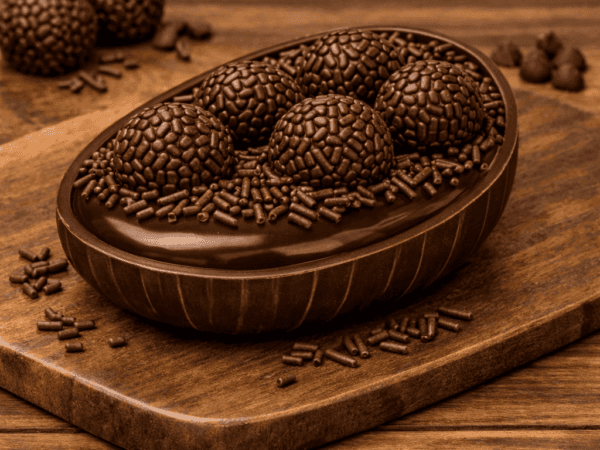 Metade de um ovo de Páscoa de chocolate perfeitamente moldado, recheado até o topo com brigadeiro gourmet cremoso, e decorado com brigadeiros enrolados, morangos frescos e granulado, pronto para presentear.