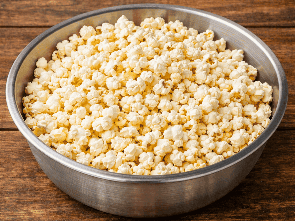 Tigela grande e cheia de pipocas de panela branquinhas e super crocantes, recém-estouradas, regadas com manteiga derretida e prontas para a sessão de cinema em casa.