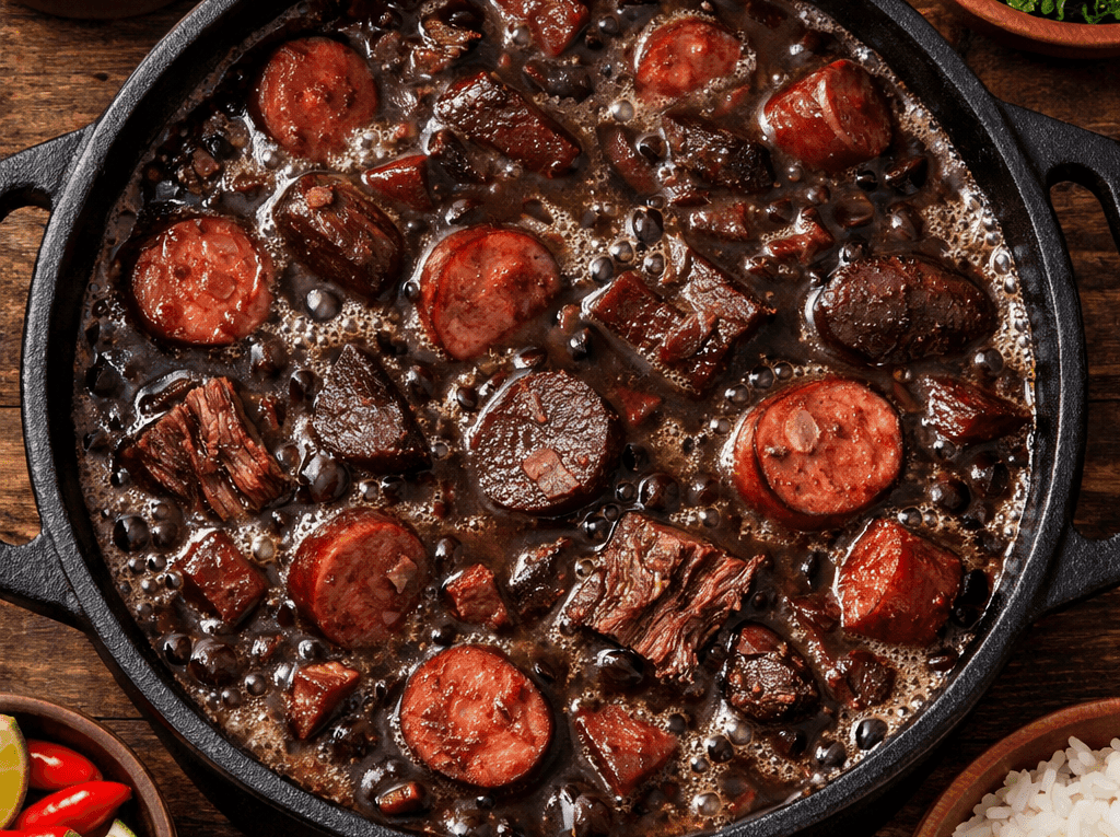 Panela de ferro vista de cima com feijoada borbulhando em caldo escuro e espesso, com pedaços visíveis de linguiça calabresa, paio e carne seca.