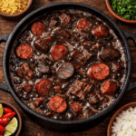 Panela de ferro vista de cima com feijoada borbulhando em caldo escuro e espesso, com pedaços visíveis de linguiça calabresa, paio e carne seca.