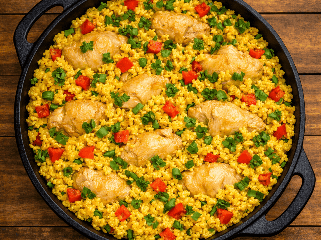 Panela de ferro rústica vista de cima cheia de galinhada mineira amarela pelo açafrão, com pedaços de frango dourados, arroz soltinho e muito cheiro-verde fresco salpicado.