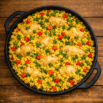 Panela de ferro rústica vista de cima cheia de galinhada mineira amarela pelo açafrão, com pedaços de frango dourados, arroz soltinho e muito cheiro-verde fresco salpicado.