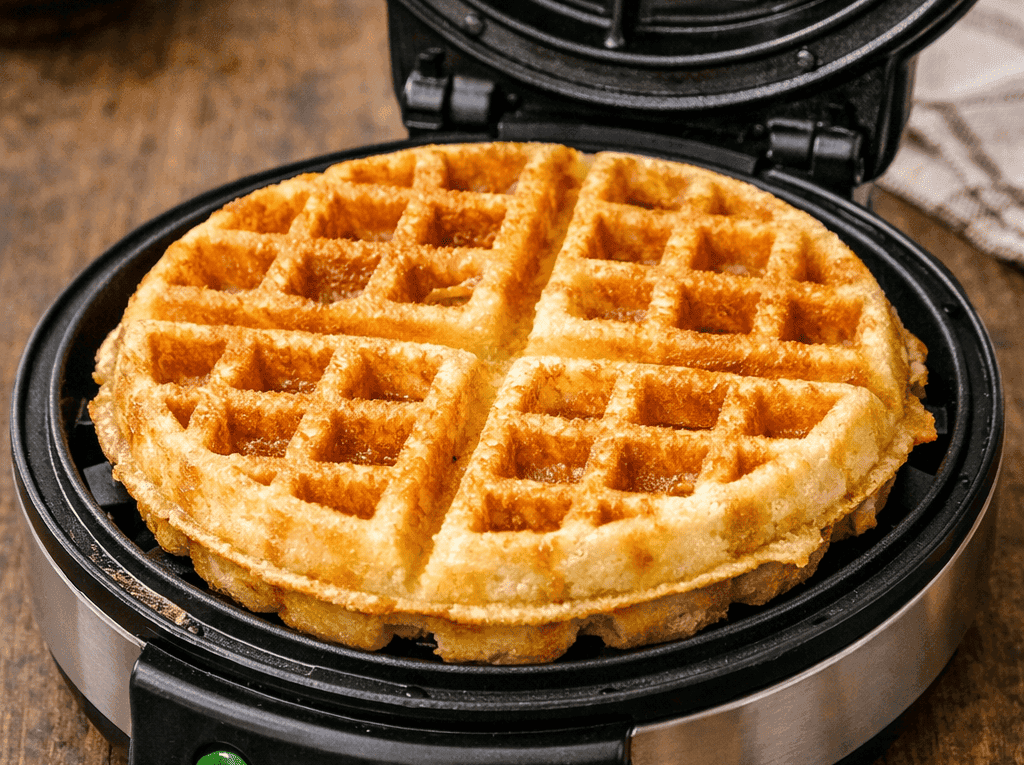 Máquina de waffle aberta revelando um waffle caseiro recém-assado, com estrutura alta, superfície dourada e bem crocante.