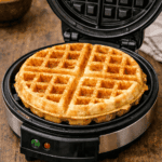 Máquina de waffle aberta revelando um waffle caseiro recém-assado, com estrutura alta, superfície dourada e bem crocante.