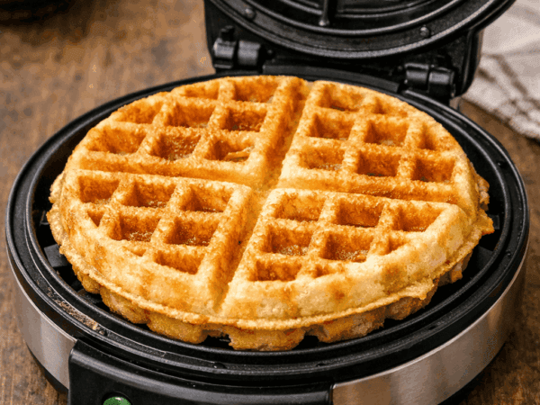 Máquina de waffle aberta revelando um waffle caseiro recém-assado, com estrutura alta, superfície dourada e bem crocante.