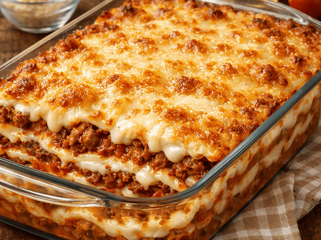 Travessa de vidro com lasanha à bolonhesa gratinada e suculenta, mostrando as camadas de queijo derretido, molho branco e carne moída com cobertura de parmesão dourado.