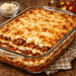 Travessa de vidro com lasanha à bolonhesa gratinada e suculenta, mostrando as camadas de queijo derretido, molho branco e carne moída com cobertura de parmesão dourado.
