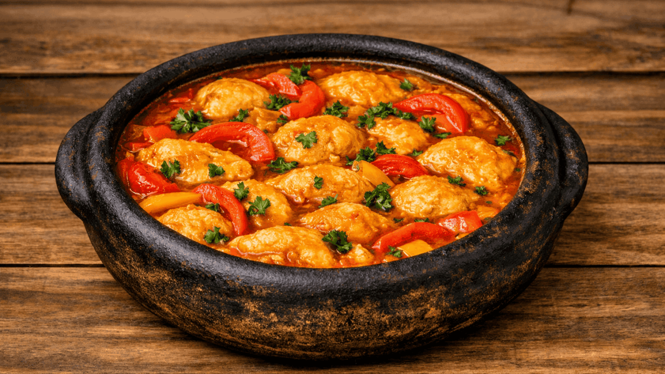 Panela de barro vista de cima com moqueca de peixe baiana borbulhando em caldo cremoso de dendê e leite de coco, com postas firmes e inteiras, rodelas de pimentão e finalizada com coentro fresco.